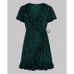 Disturbia Ophidia Green Black Snake Print Ruffle Wrap Mini Dress Witchy Goth Alt